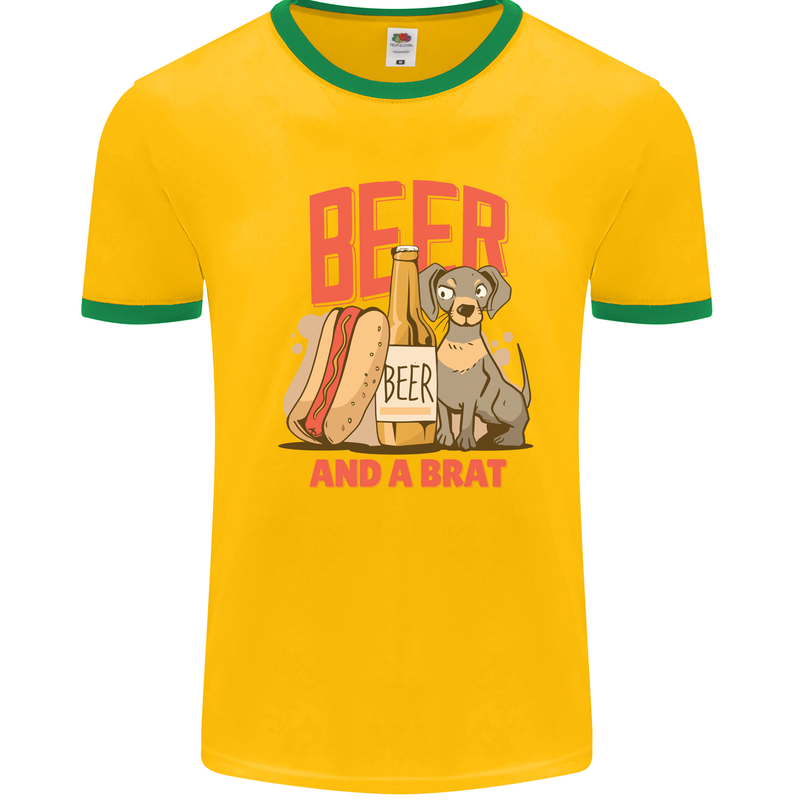 Beer and a Brat Funny Dog Alcohol Hotdog Mens White Ringer T-Shirt Gold/Green