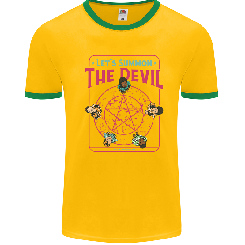 Let's Summon the Devil Ouija Board Demons Mens White Ringer T-Shirt Gold/Green