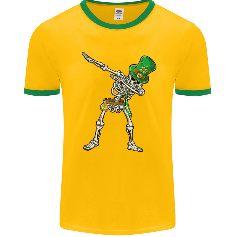 St Patricks Day Dabbing Skeleton Skull Mens Ringer T-Shirt FotL Gold/Green