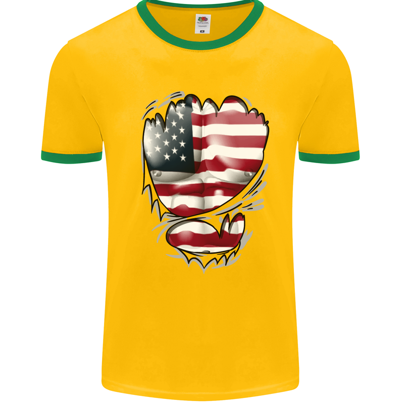 Gym Stars & Stripes American Flag Ripped Mens White Ringer T-Shirt Gold/Green