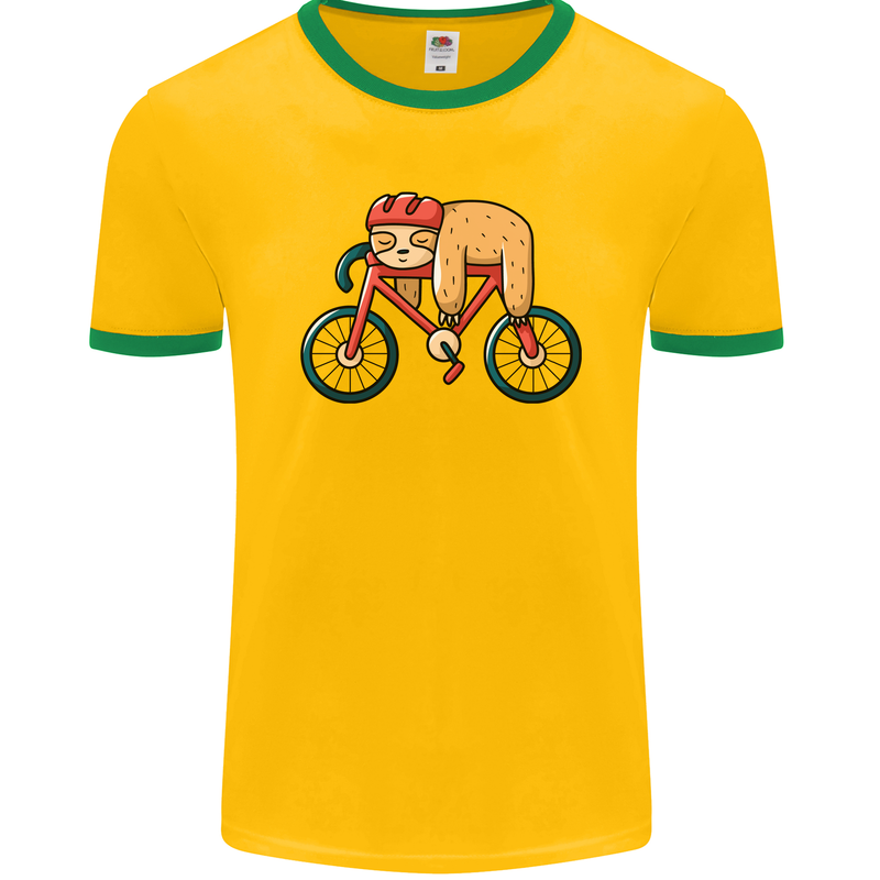 Cycling Sleeping Sloth Bicycle Cyclist Mens Ringer T-Shirt FotL Gold/Green