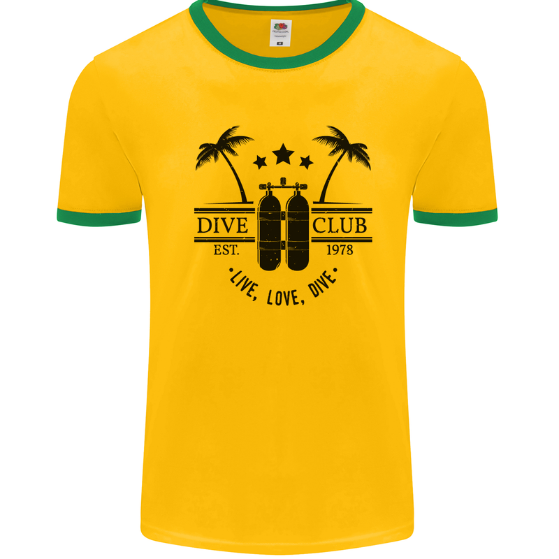 Live Love Dive Funny Scuba Diving Diver Mens White Ringer T-Shirt Gold/Green