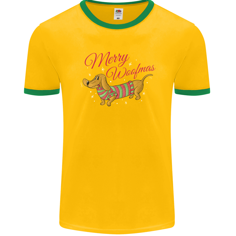 Merry Wiener Funny Christmas Dog Mens Ringer T-Shirt FotL Gold/Green