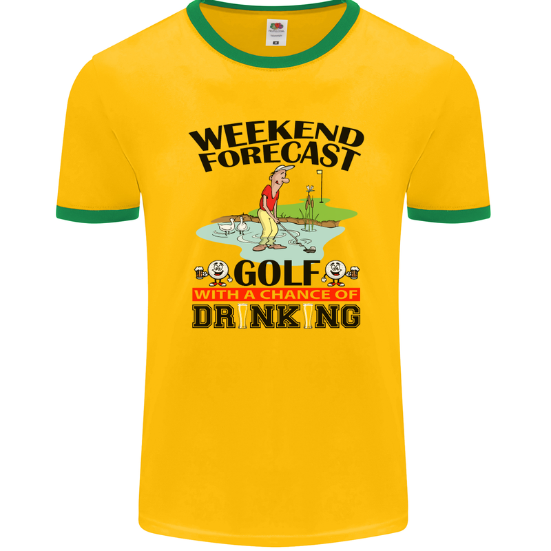 Weekend Forecast Golf with a Chance of Drinking Mens Ringer T-Shirt FotL Gold/Green