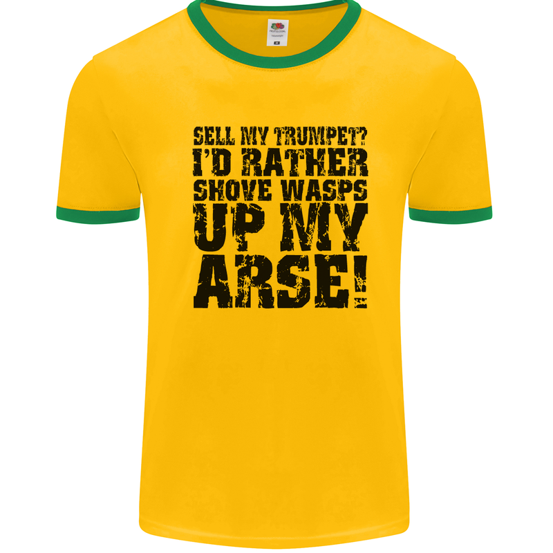 Sell My Trumpet? Funny Music Brass Mens White Ringer T-Shirt Gold/Green