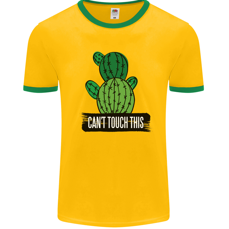 Cactus Can't Touch This Funny Gardening Mens White Ringer T-Shirt Gold/Green