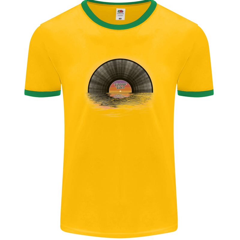 Vinyl Sunset Record LP Turntable Music Mens Ringer T-Shirt FotL Gold/Green