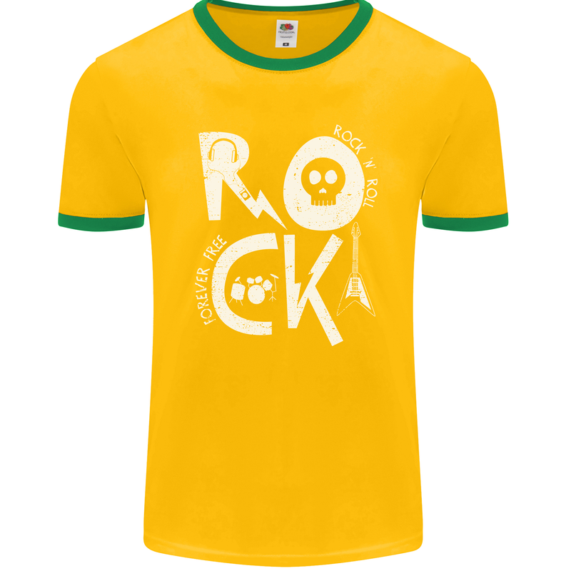 Rock Music Symbols Guitar Skull Mens Ringer T-Shirt FotL Gold/Green