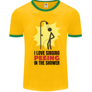 I Love Peeing in the Shower Funny Rude Mens White Ringer T-Shirt Gold/Green