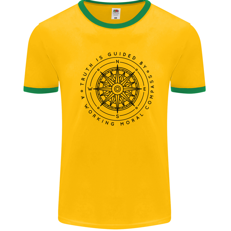 Truth is Guided By a Morale Compass Mens White Ringer T-Shirt Gold/Green