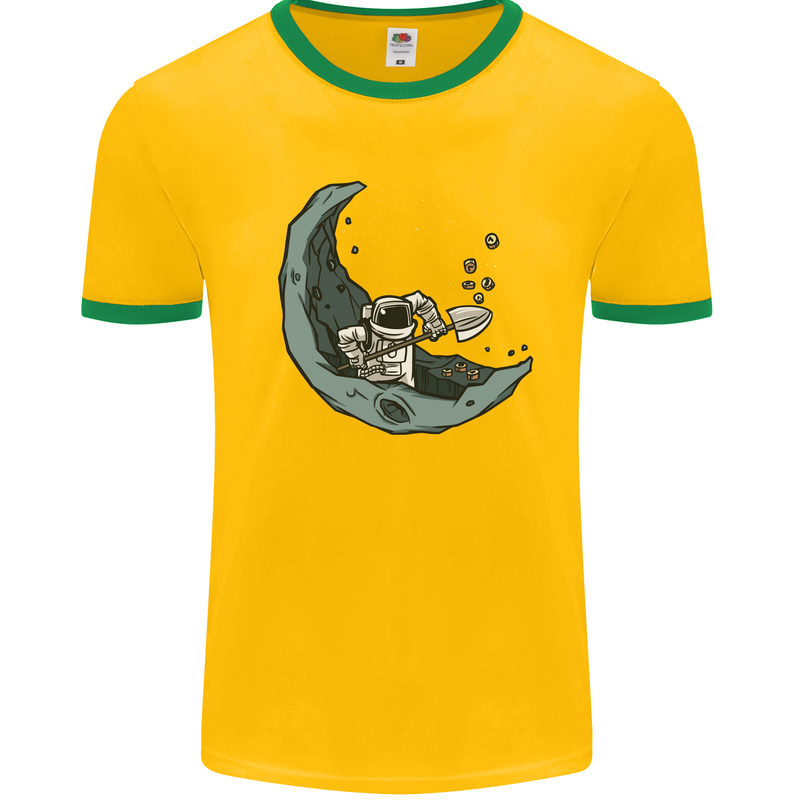 Cryptocurrency Mining the Moon Mens White Ringer T-Shirt Gold/Green