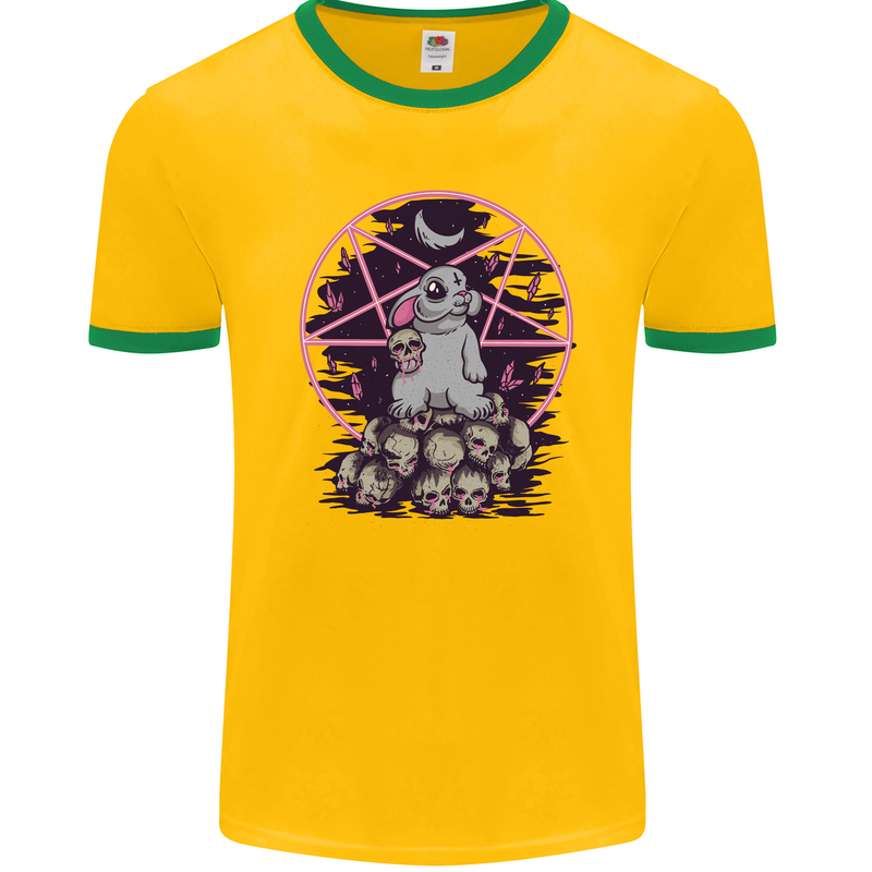Demonic Satanic Rabbit With Skulls Mens Ringer T-Shirt FotL Gold/Green