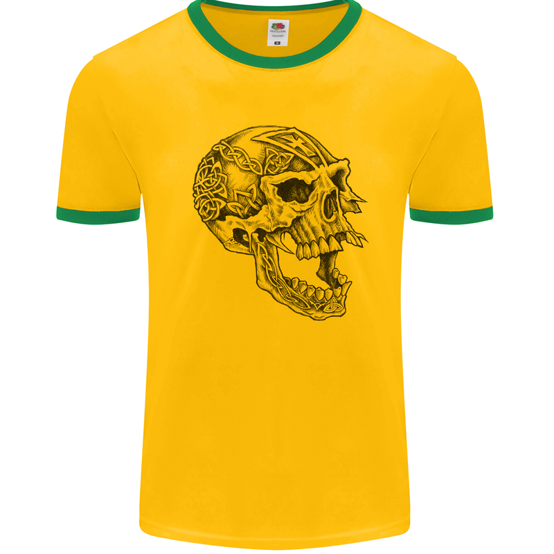 Viking Skull Symbols Mens White Ringer T-Shirt Gold/Green