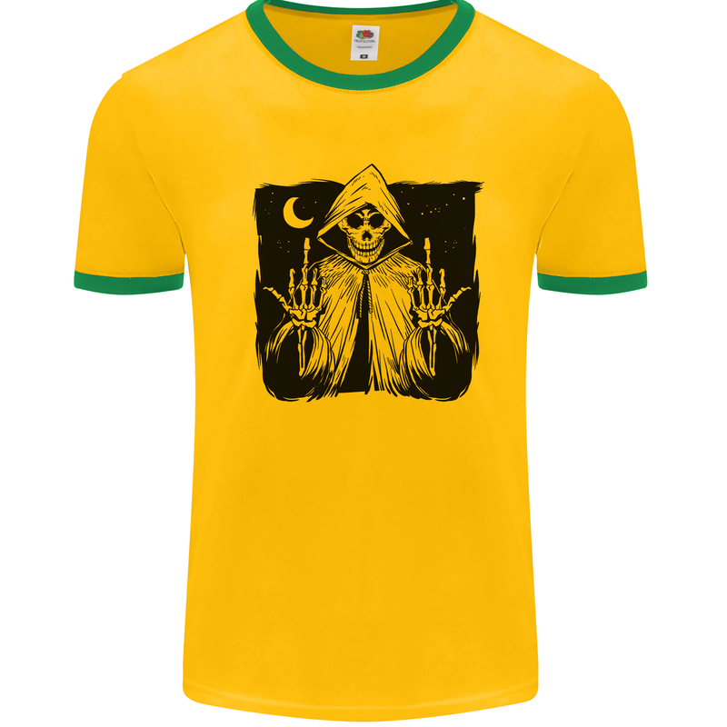 Grim Reaper Finger Flip Skull Biker Funny Mens White Ringer T-Shirt Gold/Green