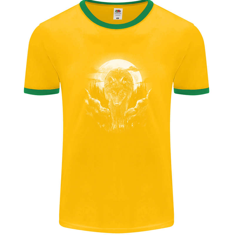 Lone Wolf In the Moonlight Mens Ringer T-Shirt FotL Gold/Green