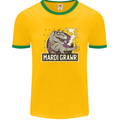 Funny T-Rex Mardi Gras Grawr Dinosaur Mens White Ringer T-Shirt Gold/Green