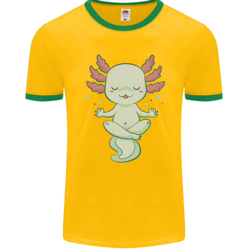 Meditating Axolot Yoga Spiritual Mens Ringer T-Shirt FotL Gold/Green