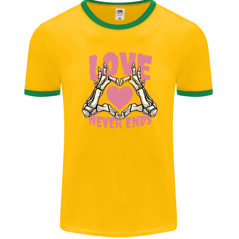 Love Never Ends Gothic Valentine's Day Mens Ringer T-Shirt FotL Gold/Green