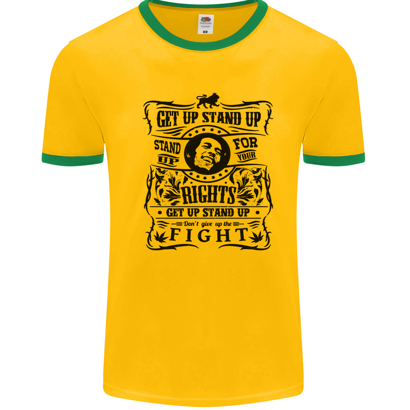 Get up Stand up Reggae Music Mens White Ringer T-Shirt Gold/Green