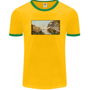 Funny Cat Creation Mens White Ringer T-Shirt Gold/Green