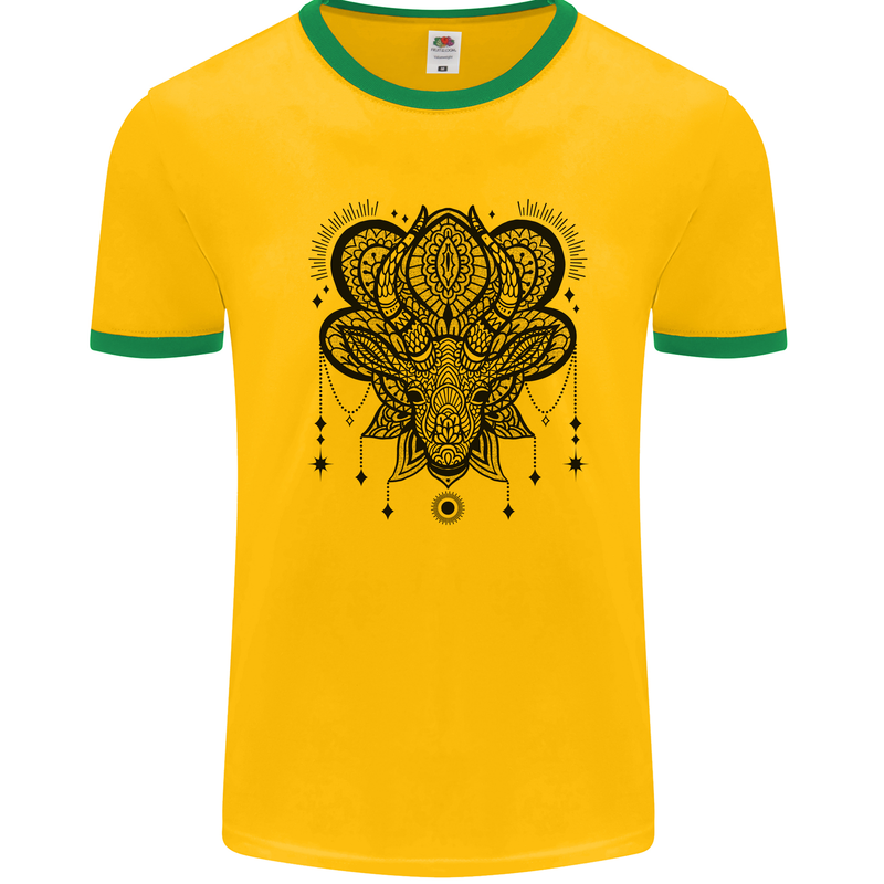 A Mandala Deer Mens White Ringer T-Shirt Gold/Green