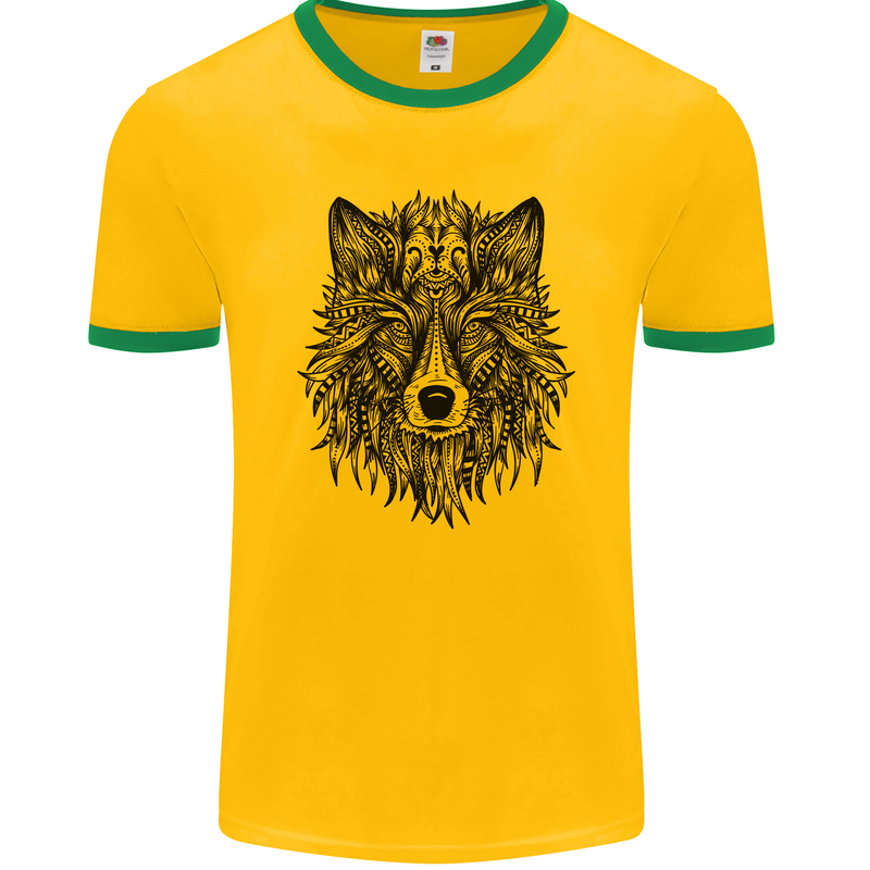 Mandala Tribal Wolf Tattoo Mens Ringer T-Shirt FotL Gold/Green