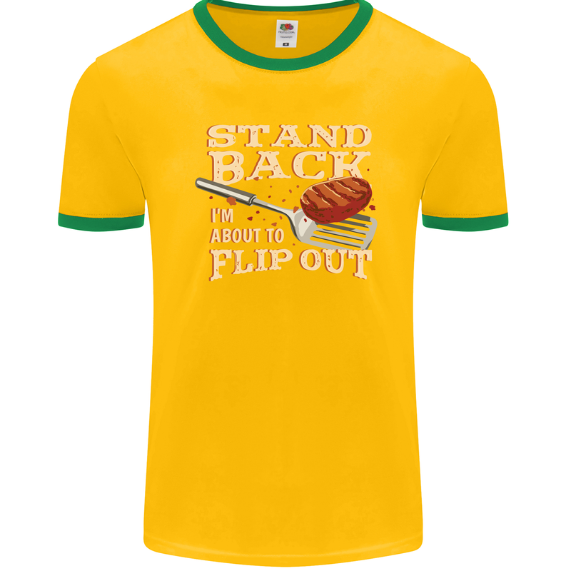 Flip Out Funny BBQ Grill Mens Ringer T-Shirt FotL Gold/Green