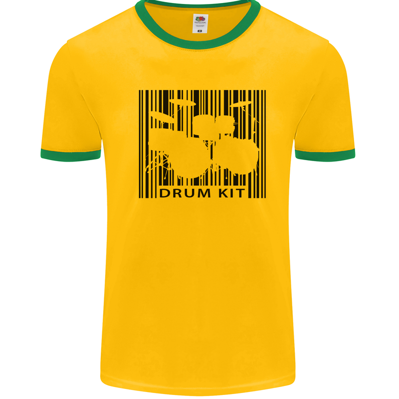 Drum Kit Barcode Drummer Drumming Mens White Ringer T-Shirt Gold/Green