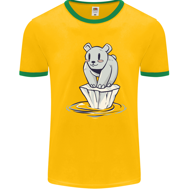 Floating Polar Bear Environment Climate Change Mens Ringer T-Shirt Gold/Green