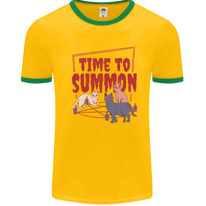 Time to Summon Cats Let's Summon Demons Mens White Ringer T-Shirt Gold/Green