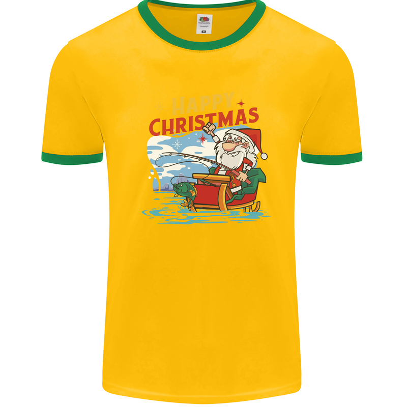 Santa Clause Fishing Funny Christmas Mens White Ringer T-Shirt Gold/Green