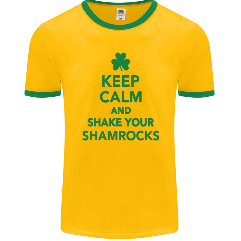 Keep Calm & Shamrocks St. Patrick's Day Mens Ringer T-Shirt FotL Gold/Green