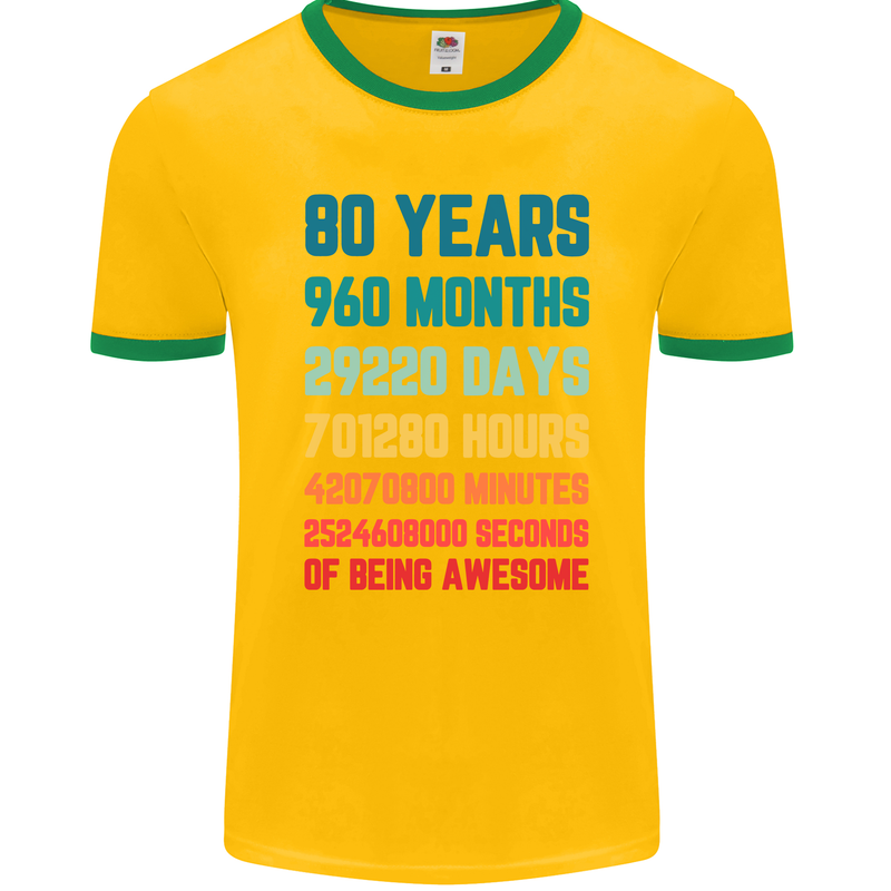 80th Birthday 80 Year Old Mens Ringer T-Shirt FotL Gold/Green