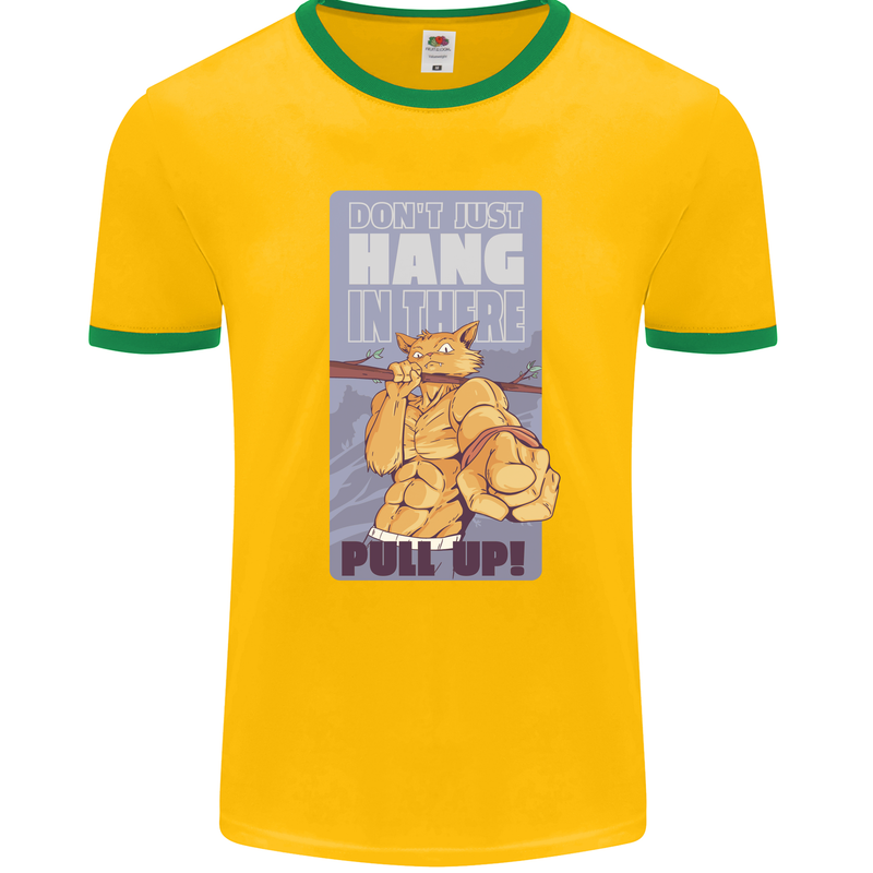 Pull Up Funny Cat Gym Training Mens Ringer T-Shirt FotL Gold/Green