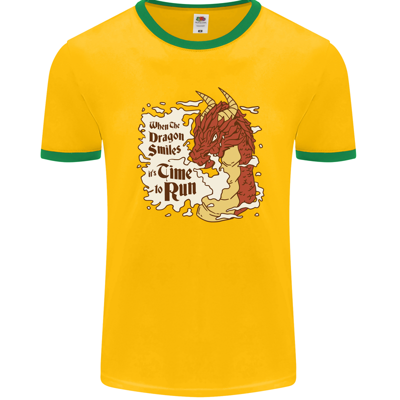When a Dragon Smiles Fantasy RPG Mens Ringer T-Shirt FotL Gold/Green