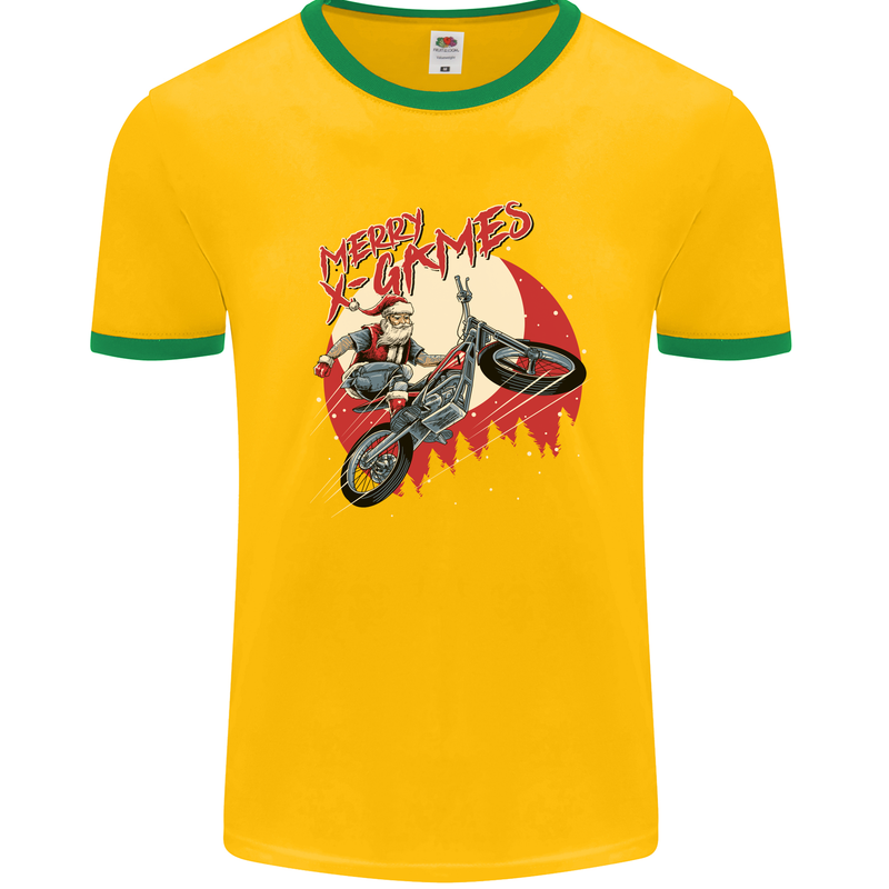 Motocross Merry X Games Dirt Bike Motorbike Mens White Ringer T-Shirt Gold/Green