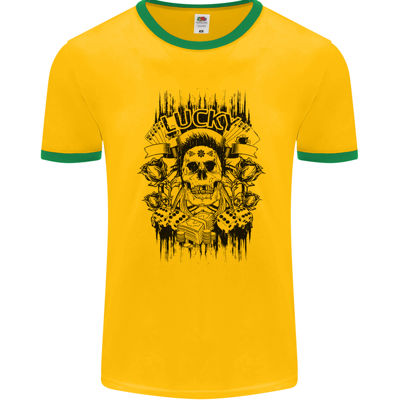 Lucky Dice Skull Motorbike Biker Motorcycle Mens Ringer T-Shirt FotL Gold/Green