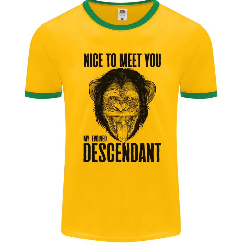 Chimp Evolved Dessendant Funny Monkey Ape Mens Ringer T-Shirt FotL Gold/Green