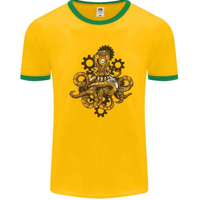 Steampunk Octopus Scuba Diving Cthulhu Mens Ringer T-Shirt Gold/Green