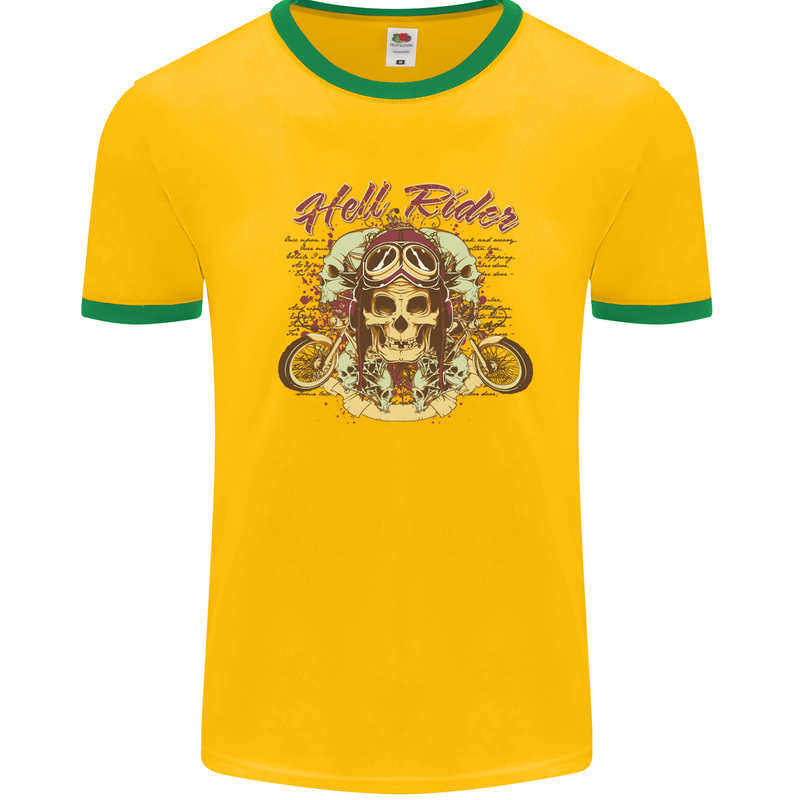 Hell Riders Motorcycle Motorbike Biker Mens White Ringer T-Shirt Gold/Green