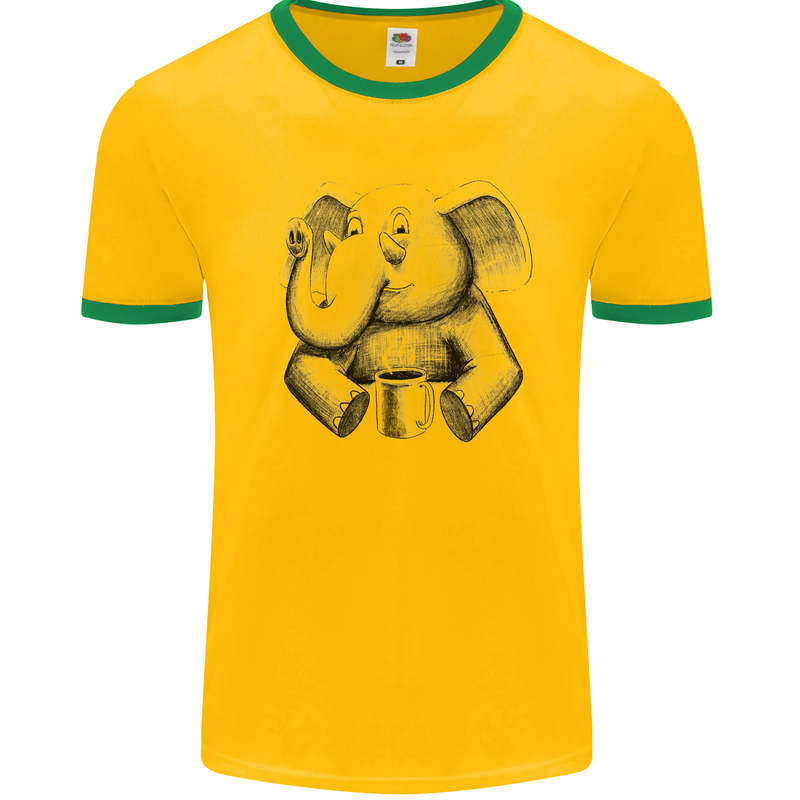 An Elephant Drinking Coffee Mens White Ringer T-Shirt Gold/Green