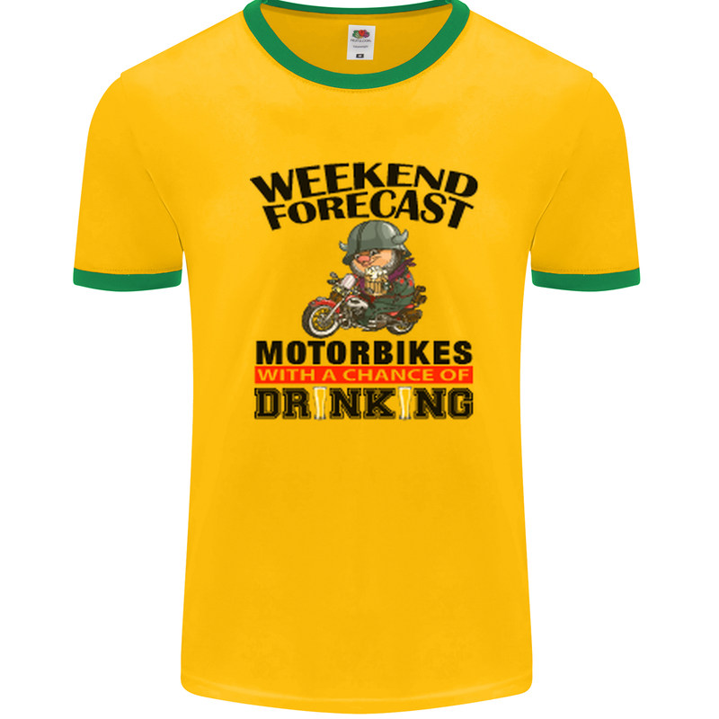 Biker Weekend Forecast Motorbikes Mens White Ringer T-Shirt Gold/Green