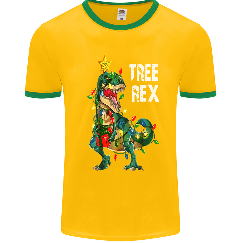 Tree Rex T-Rex Funny Christmas Dinosaur Mens White Ringer T-Shirt Gold/Green