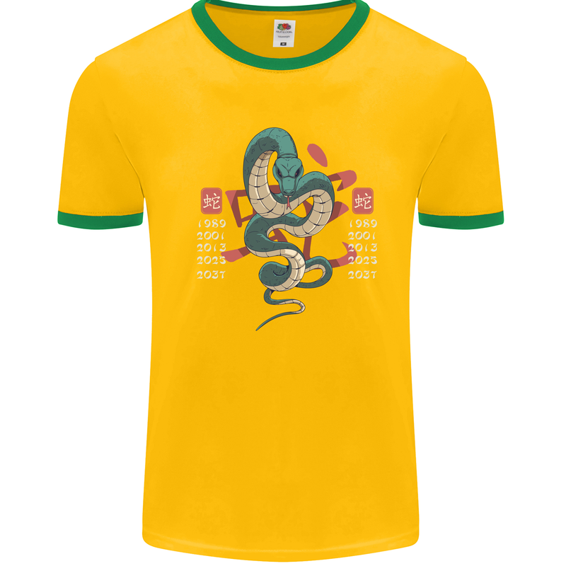 Chinese Zodiac Shengxiao Year of the Snake Mens White Ringer T-Shirt Gold/Green