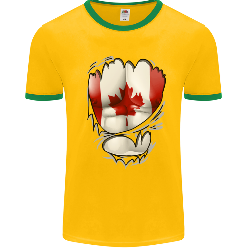 Gym Canadian Maple Leaf Flag Muscles Canada Mens White Ringer T-Shirt Gold/Green