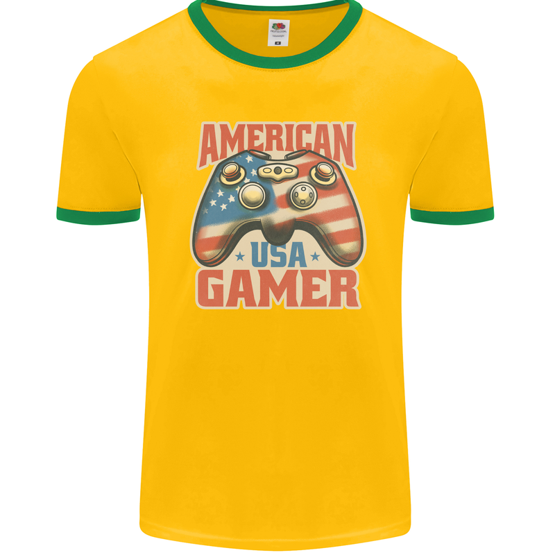 American USA Gamer Video Games Joypad Mens Ringer T-Shirt FotL Gold/Green