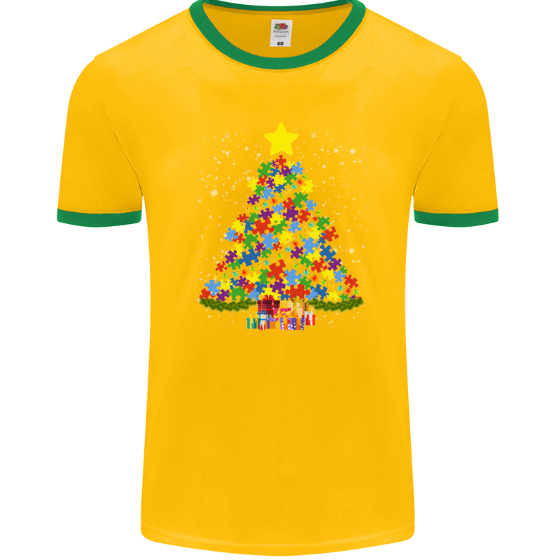 Autism Christmas Tree Autistic Awareness Mens Ringer T-Shirt FotL Gold/Green