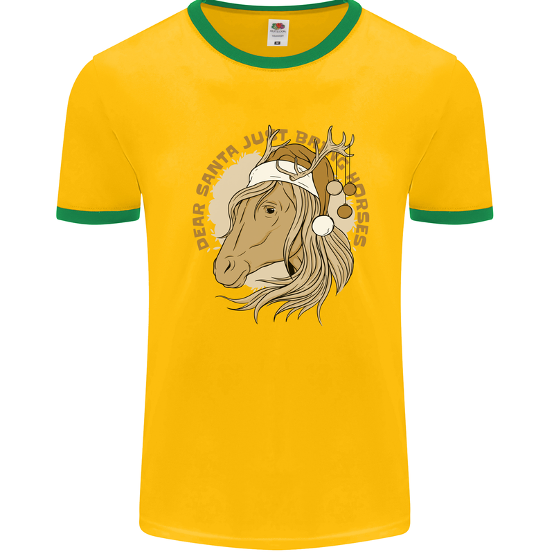 Dear Santa Funny Horse Equestrian Christmas Mens Ringer T-Shirt Gold/Green