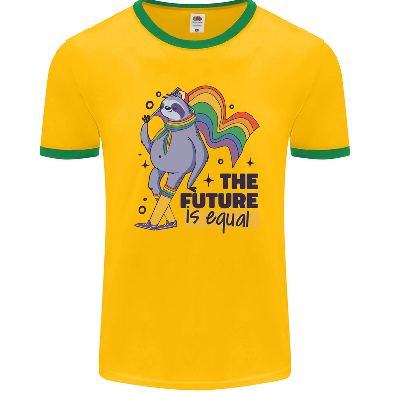 LGBT Sloth The Future Is Equal Gay Pride Mens Ringer T-Shirt FotL Gold/Green