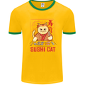 Funny Sushi Cat Food Fish Chef Japan Mens White Ringer T-Shirt Gold/Green